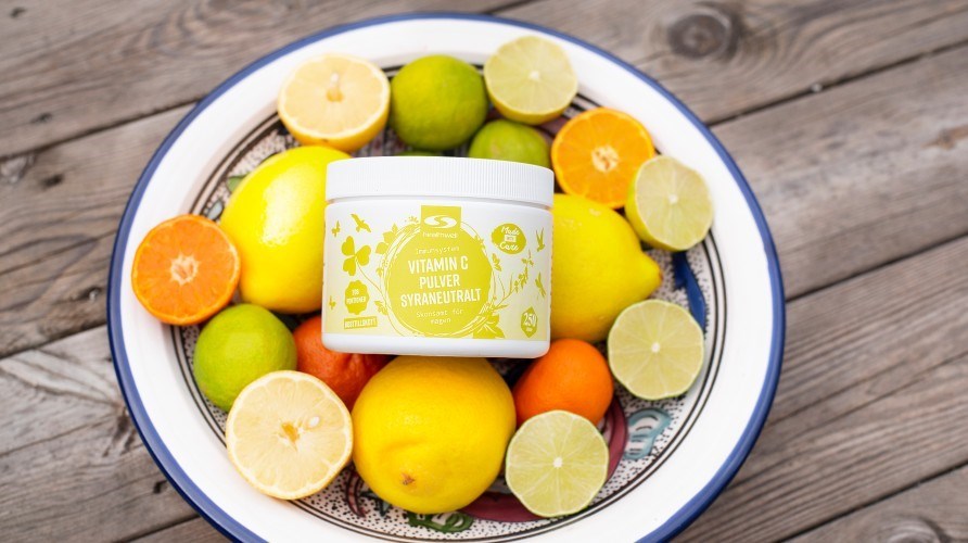 Healthwell Vitamin C Pulver Syraneutral med citrusfrukter.